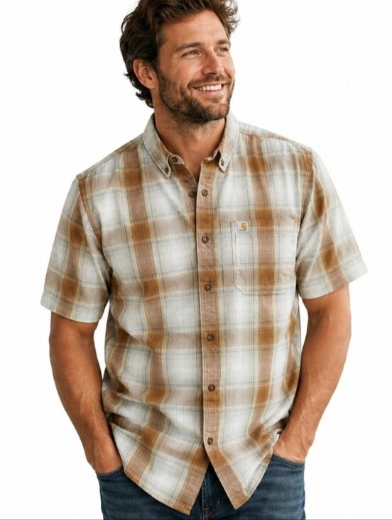Carhartt Other - Carhartt Relaxed Fit Plaid Button Front Shirt Mens Size Large Short Sleeve Beige